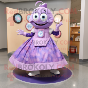 Lavender Plate Spinner mascot costume character dressed with a Wrap Skirt and Keychains