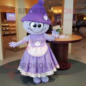 Lavender Plate Spinner mascot costume character dressed with a Wrap Skirt and Keychains