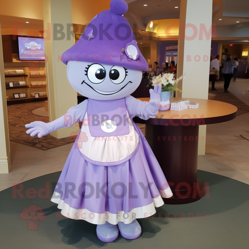 Lavender Plate Spinner mascot costume character dressed with a Wrap Skirt and Keychains Lavender Plate Spinner mascot costume character dressed with a Wrap Skirt and Keychains