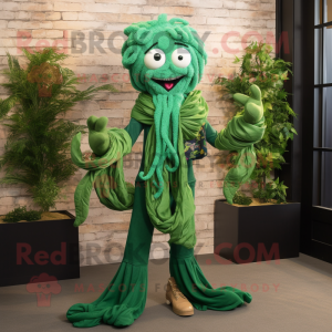 Forest Green Medusa mascot costume character dressed with a Flare Jeans and Scarf clips