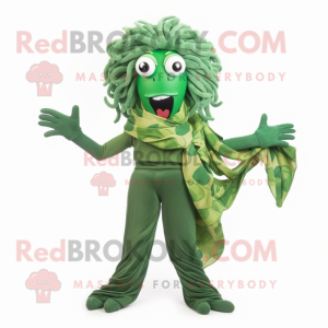 Forest Green Medusa mascot costume character dressed with a Flare Jeans and Scarf clips