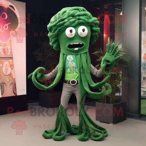 Forest Green Medusa mascot costume character dressed with a Flare Jeans and Scarf clips