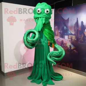 Forest Green Medusa mascot costume character dressed with a Flare Jeans and Scarf clips