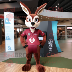 Maroon Gazelle mascot costume character dressed with a Graphic Tee and Wraps