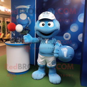 Blue Golf Ball mascot costume character dressed with a Rugby Shirt and Clutch bags