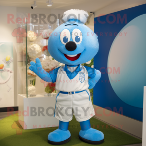 Blue Golf Ball mascot costume character dressed with a Rugby Shirt and Clutch bags