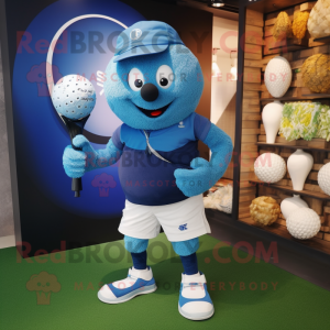 Blue Golf Ball mascot costume character dressed with a Rugby Shirt and Clutch bags