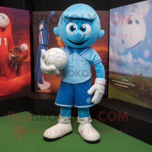 Blue Golf Ball mascot costume character dressed with a Rugby Shirt and Clutch bags