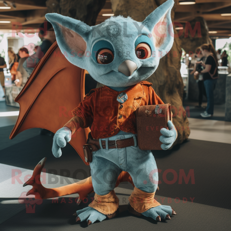 Rust Bat mascot costume character dressed with a Mom Jeans and Messenger bags Rust Bat mascot costume character dressed with a Mom Jeans and Messenger bags