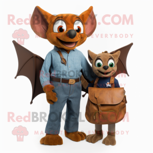 Rust Bat mascot costume character dressed with a Mom Jeans and Messenger bags
