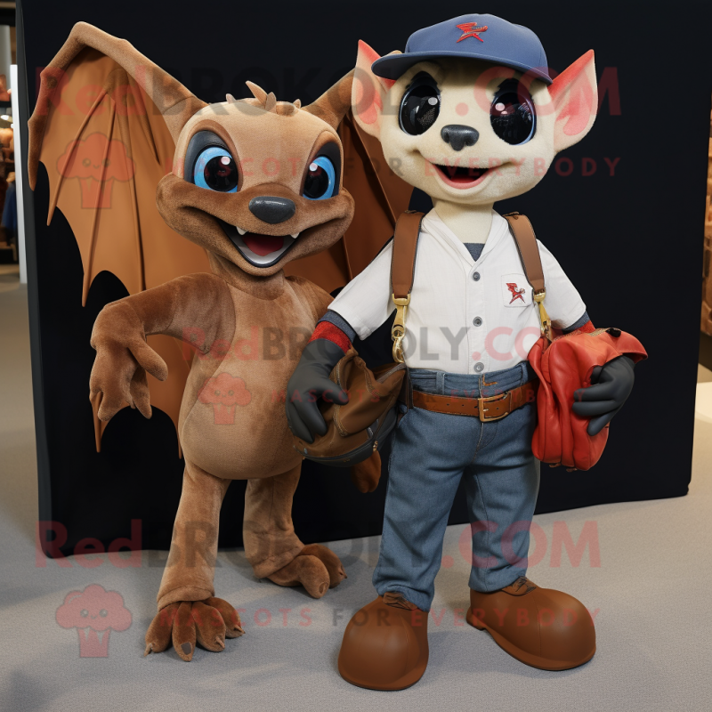 Rust Bat mascot costume character dressed with a Mom Jeans and Messenger bags Rust Bat mascot costume character dressed with a Mom Jeans and Messenger bags