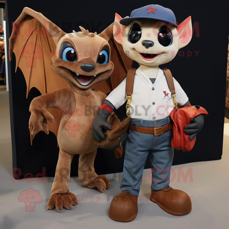 Rust Bat mascot costume character dressed with a Mom Jeans and Messenger bags