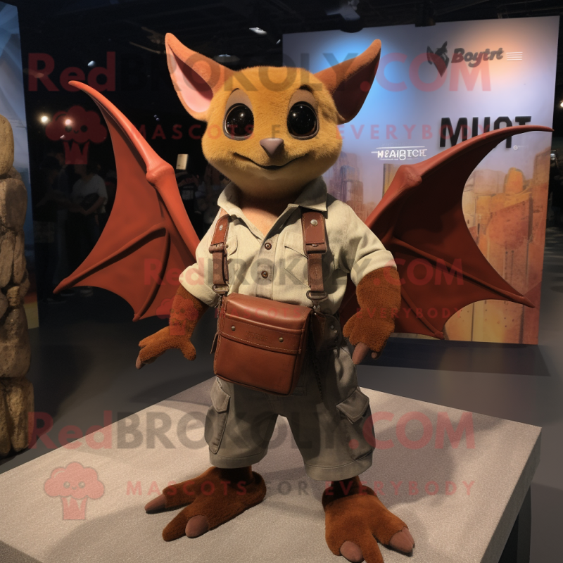 Rust Bat mascot costume character dressed with a Mom Jeans and Messenger bags Rust Bat mascot costume character dressed with a Mom Jeans and Messenger bags