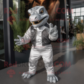 Silver Tyrannosaurus mascot costume character dressed with a Overalls and Clutch bags