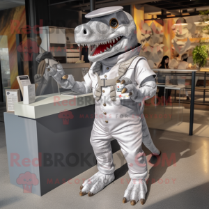 Silver Tyrannosaurus mascot costume character dressed with a Overalls and Clutch bags