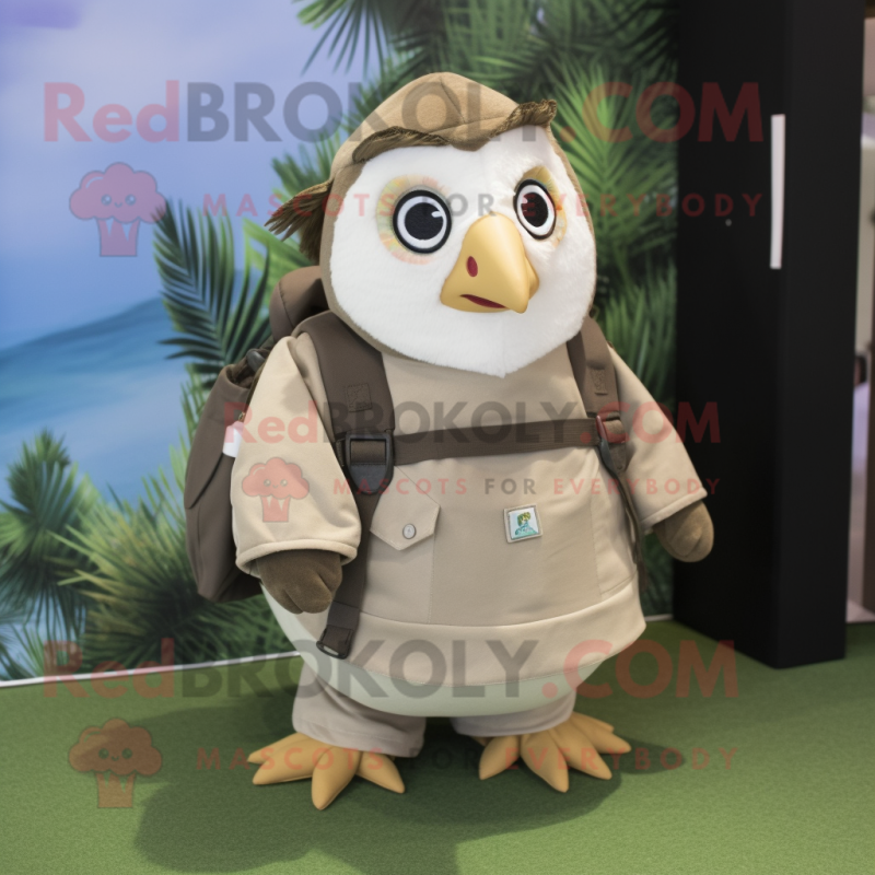 Tan Penguin mascot costume character dressed with a Mini Skirt and Backpacks Tan Penguin mascot costume character dressed with a Mini Skirt and Backpacks