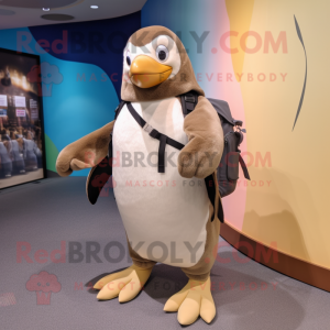 Tan Penguin mascot costume character dressed with a Mini Skirt and Backpacks