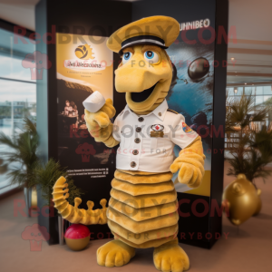 Gold Seahorse mascot costume character dressed with a Rugby Shirt and Hats