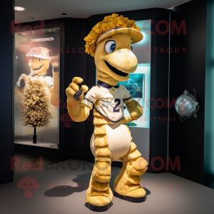 Gold Seahorse mascot costume character dressed with a Rugby Shirt and Hats