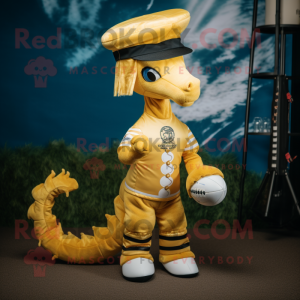 Gold Seahorse mascot costume character dressed with a Rugby Shirt and Hats