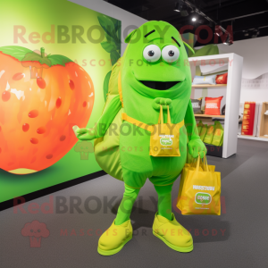 Lime Green Currywurst mascot costume character dressed with a Rash Guard and Tote bags