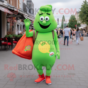 Lime Green Currywurst mascot costume character dressed with a Rash Guard and Tote bags