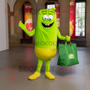 Lime Green Currywurst mascot costume character dressed with a Rash Guard and Tote bags