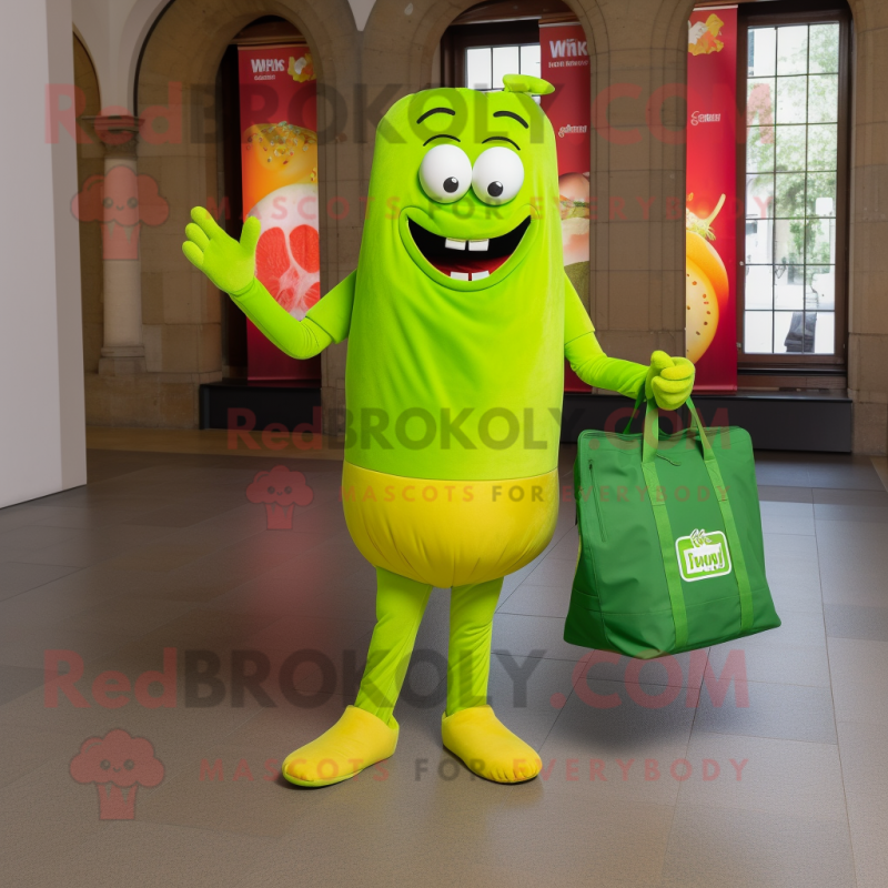 Lime Green Currywurst mascot costume character dressed with a Rash Guard and Tote bags Lime Green Currywurst mascot costume character dressed with a Rash Guard and Tote bags