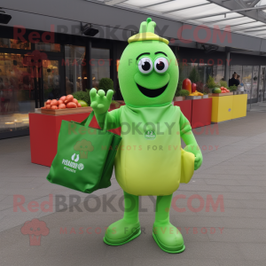 Lime Green Currywurst mascot costume character dressed with a Rash Guard and Tote bags