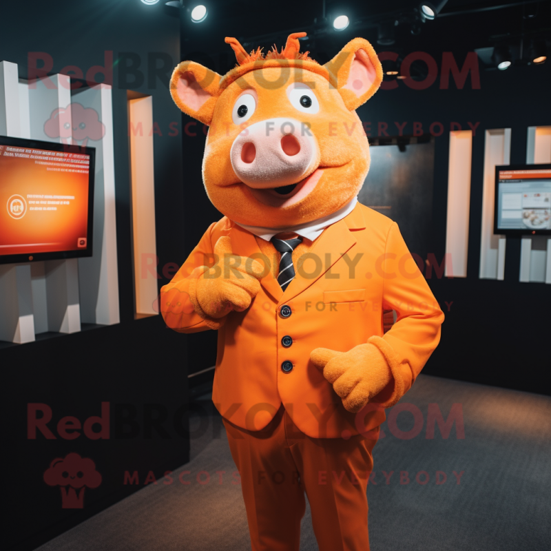 Orange Pig mascot costume character dressed with a Suit and Rings