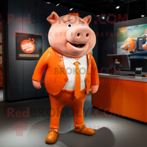 Orange Pig mascot costume character dressed with a Suit and Rings