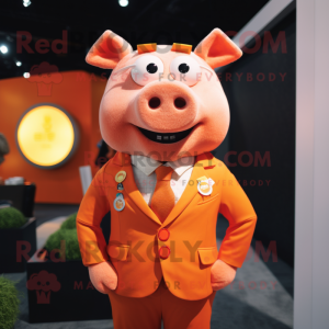 Orange Pig mascot costume character dressed with a Suit and Rings