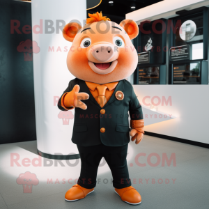 Orange Pig mascot costume character dressed with a Suit and Rings