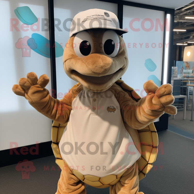 Tan Sea Turtle mascot costume character dressed with a V-Neck Tee and Beanies Tan Sea Turtle mascot costume character dressed with a V-Neck Tee and Beanies