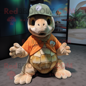 Tan Sea Turtle mascot costume character dressed with a V-Neck Tee and Beanies