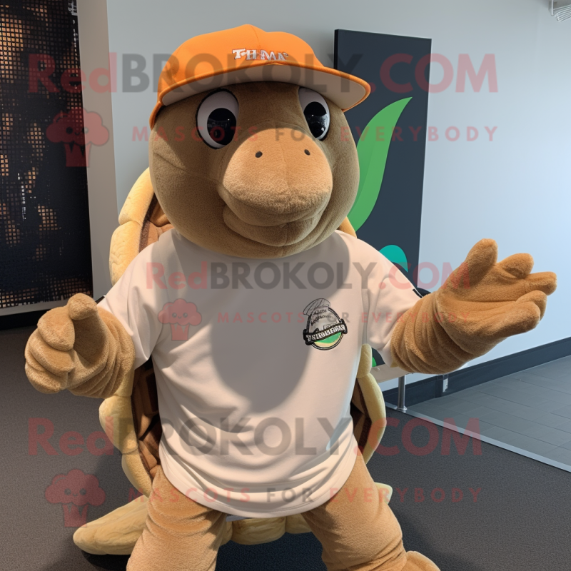 Tan Sea Turtle mascot costume character dressed with a V-Neck Tee and Beanies Tan Sea Turtle mascot costume character dressed with a V-Neck Tee and Beanies