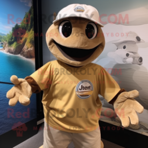 Tan Sea Turtle mascot costume character dressed with a V-Neck Tee and Beanies