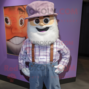 Lavender Goulash mascot costume character dressed with a Button-Up Shirt and Beanies