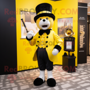 Yellow Bagpipe mascot costume character dressed with a Tuxedo and Shoe clips