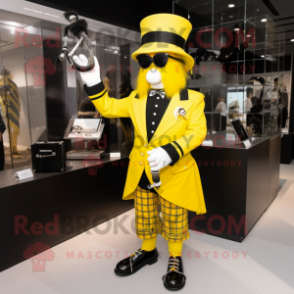 Yellow Bagpipe mascot costume character dressed with a Tuxedo and Shoe clips
