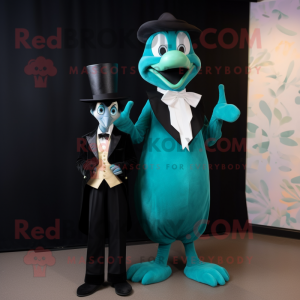 Teal Stilt Walker mascot costume character dressed with a Tuxedo and Cummerbunds