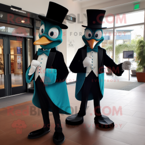 Teal Stilt Walker mascot costume character dressed with a Tuxedo and Cummerbunds