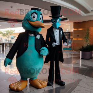 Teal Stilt Walker mascot costume character dressed with a Tuxedo and Cummerbunds