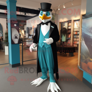 Teal Stilt Walker mascot costume character dressed with a Tuxedo and Cummerbunds