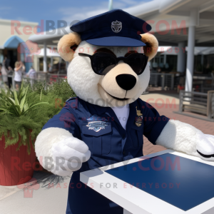 Navy Bear mascot costume character dressed with a Poplin Shirt and Sunglasses