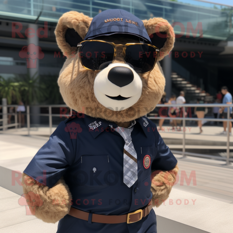 Navy Bear mascot costume character dressed with a Poplin Shirt and Sunglasses Navy Bear mascot costume character dressed with a Poplin Shirt and Sunglasses