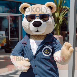 Navy Bear mascot costume character dressed with a Poplin Shirt and Sunglasses