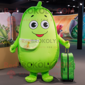 Lime Green Cucumber mascot costume character dressed with a One-Piece Swimsuit and Messenger bags