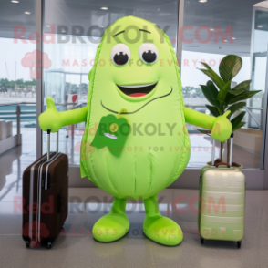 Lime Green Cucumber mascot costume character dressed with a One-Piece Swimsuit and Messenger bags