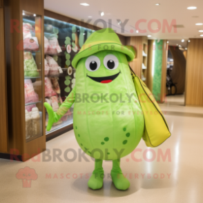 Lime Green Cucumber mascot costume character dressed with a One-Piece Swimsuit and Messenger bags